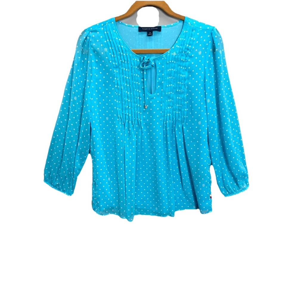 Tommy Hilfiger Women's Sz S Blue Dot Pintuck Blouse Tie Neck 3/4 Puff Sleeves